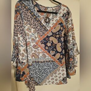 Cato Floral Patchwork Blouse - Navy and White
